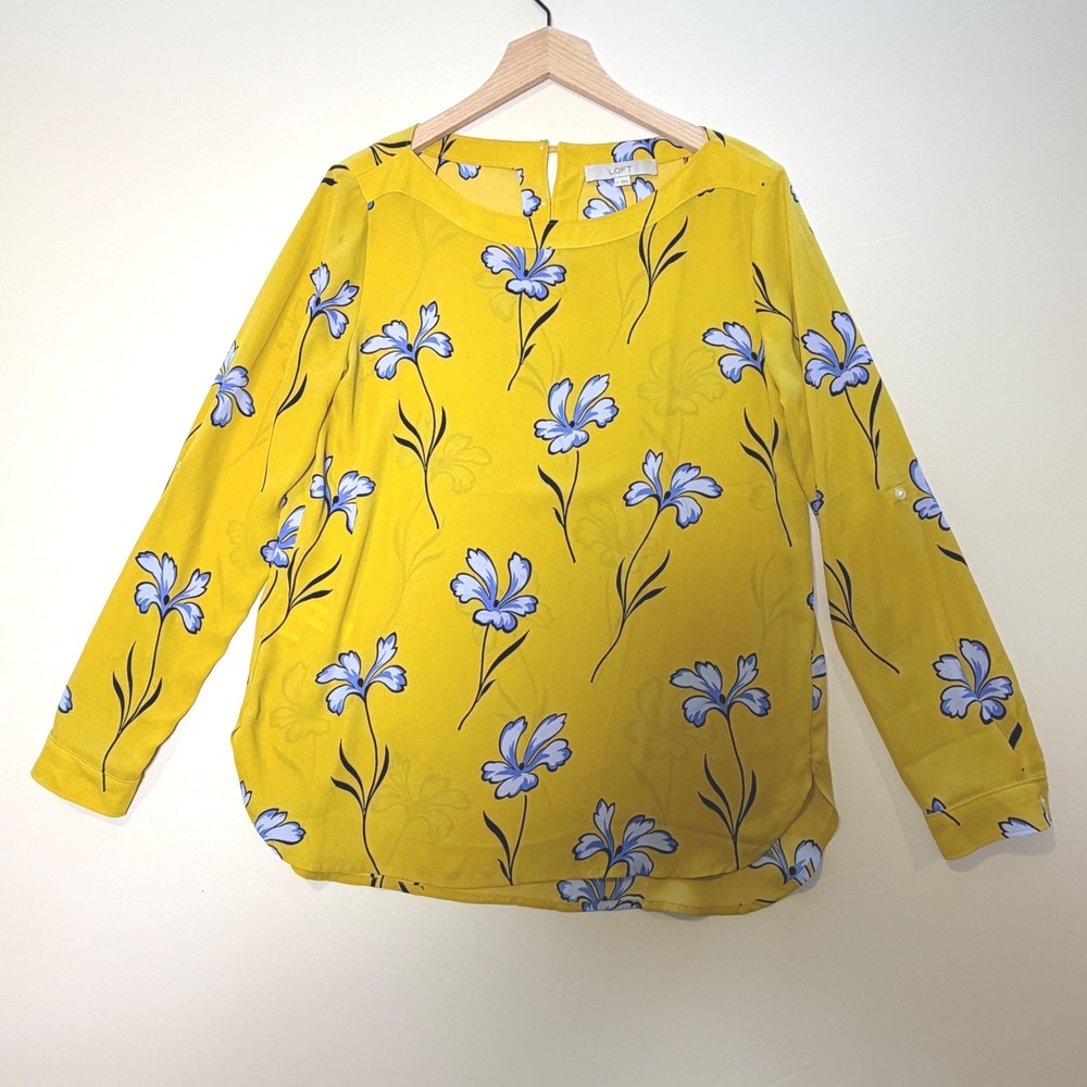 Ann Taylor LOFT Mustard Yellow Blue Floral Roll Tab Sleeve Blouse Small